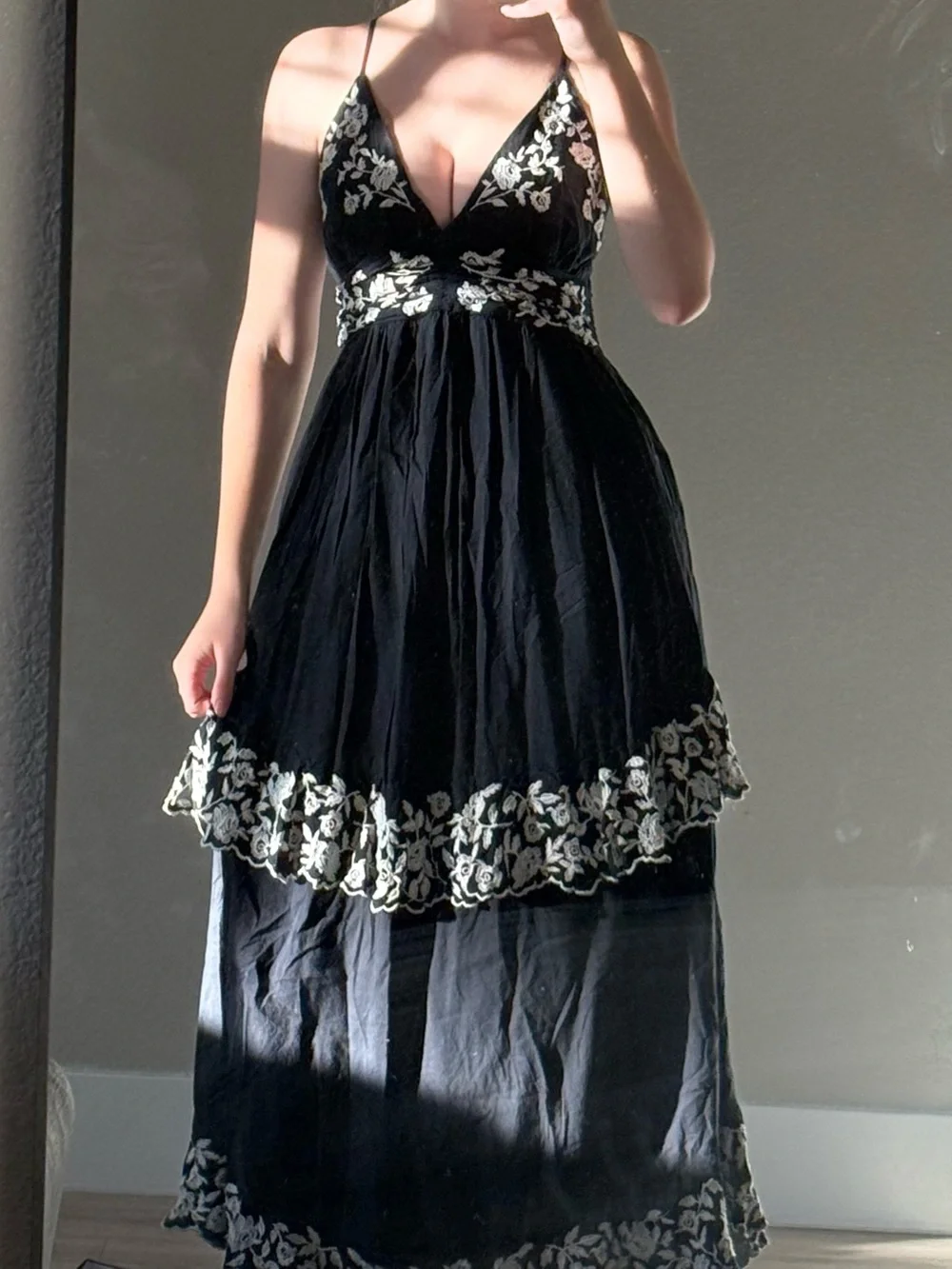Abercrombie and Fitch Black Embroidered V-Neck Maxi Dress with Spaghetti Straps